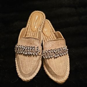Shoe Dazzle Beige Mules with Rhinestone Embellishments